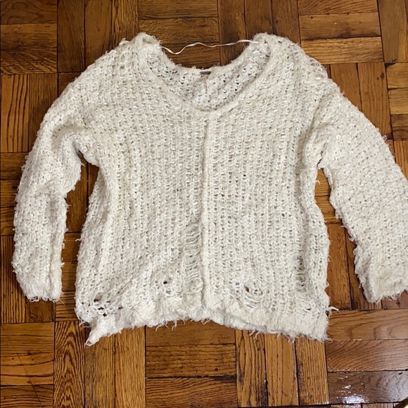 Free People White Distressed Sweater 